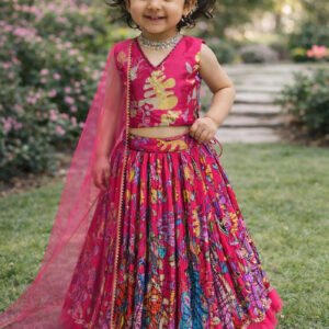 Dark Pink Printed Crepe Umbrella Lehenga Set