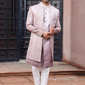 Mauve Silk Embroidered Indo-Western Sherwani