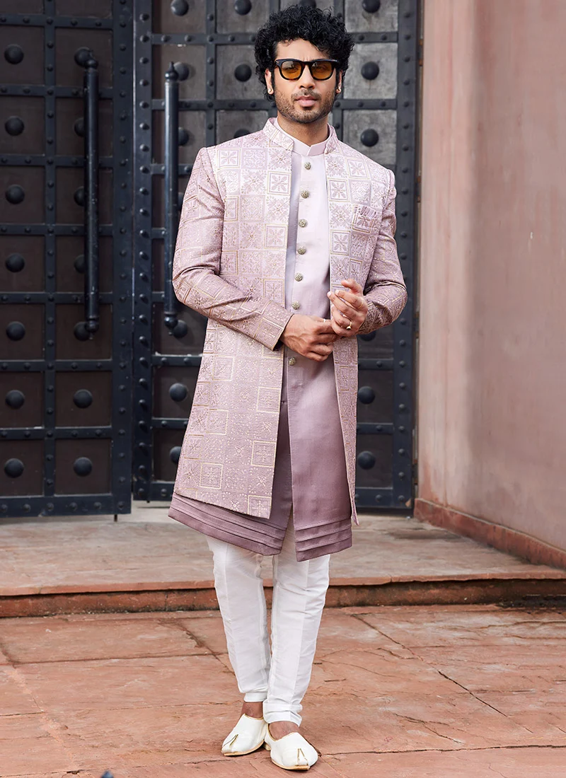 Mauve Silk Embroidered Indo-Western Sherwani