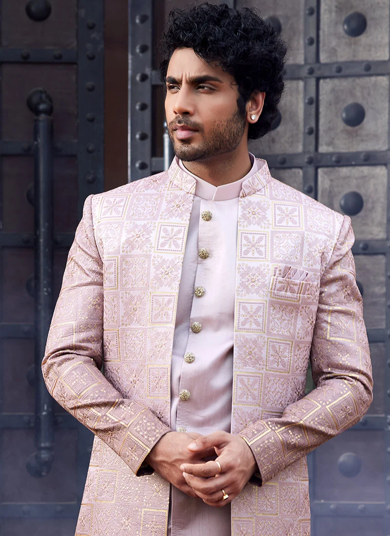 Mauve Silk Embroidered Indo-Western Sherwani - Image 2