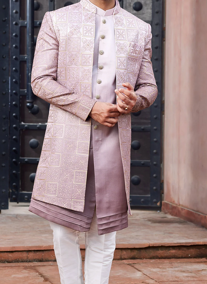 Mauve Silk Embroidered Indo-Western Sherwani - Image 3