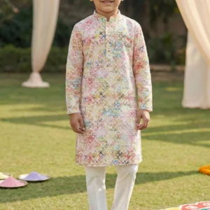 Mustard Jacquard Indo Western for Boys 5Y