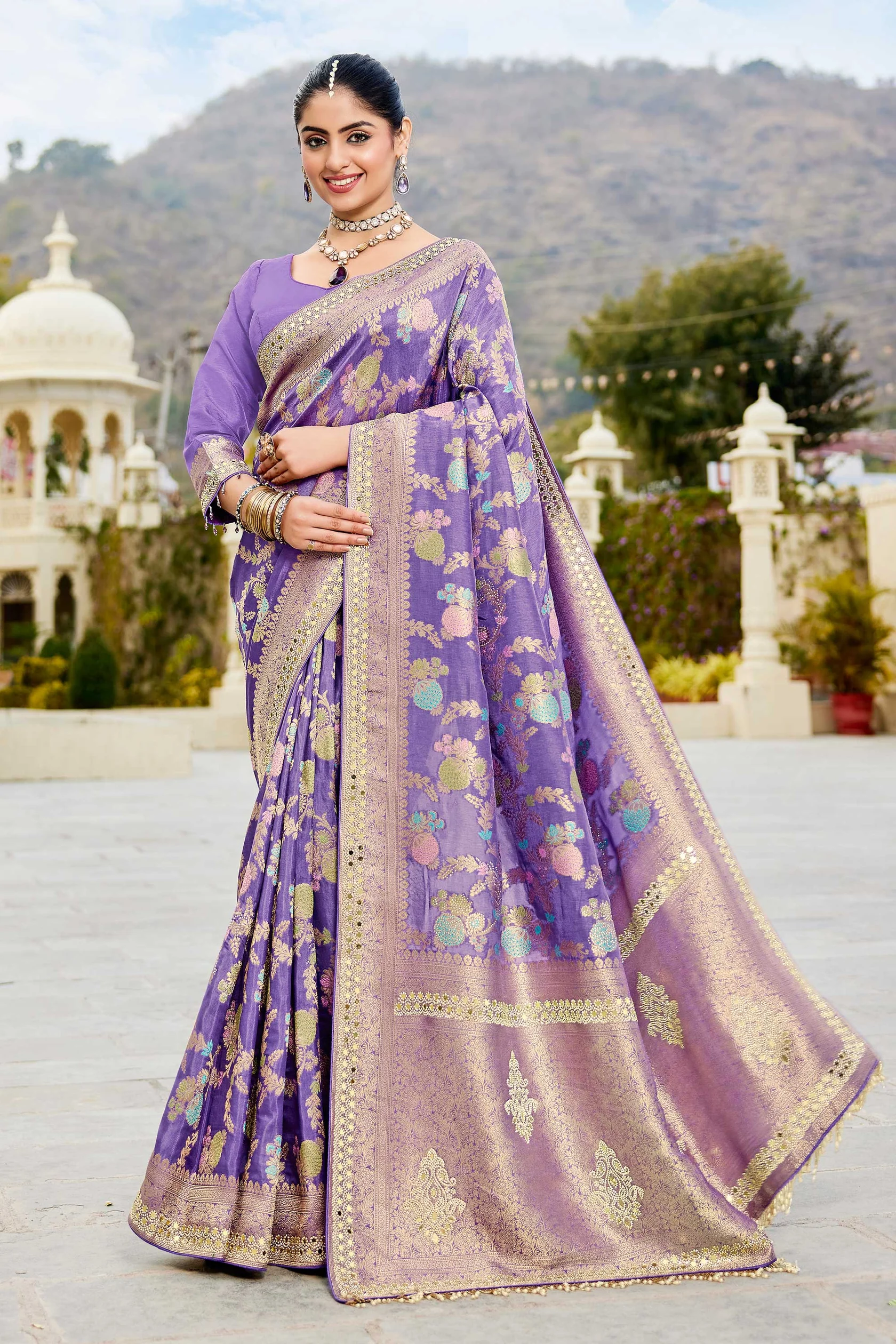 Purple Viscose Silk Wedding Function Zarkan Work Saree