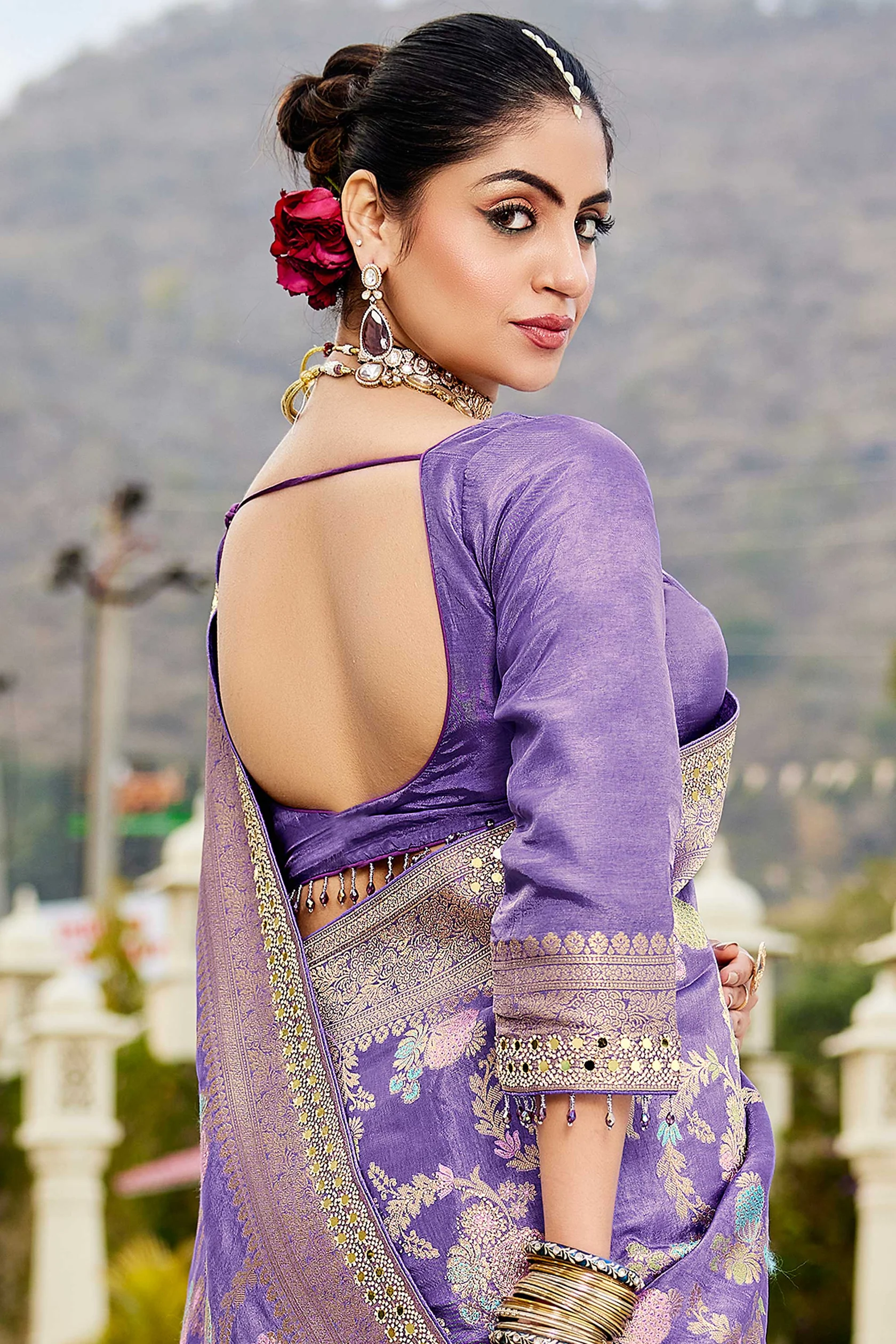 Purple Viscose Silk Wedding Function Zarkan Work Saree - Image 2