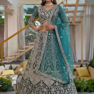 Teal Butterfly Net Sequin Embroidered Lehenga