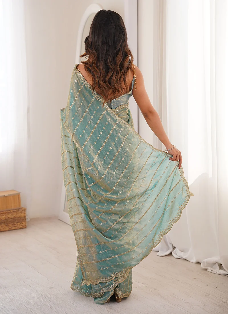Sky Blue Sequin Embellished Silk Saree - Image 2