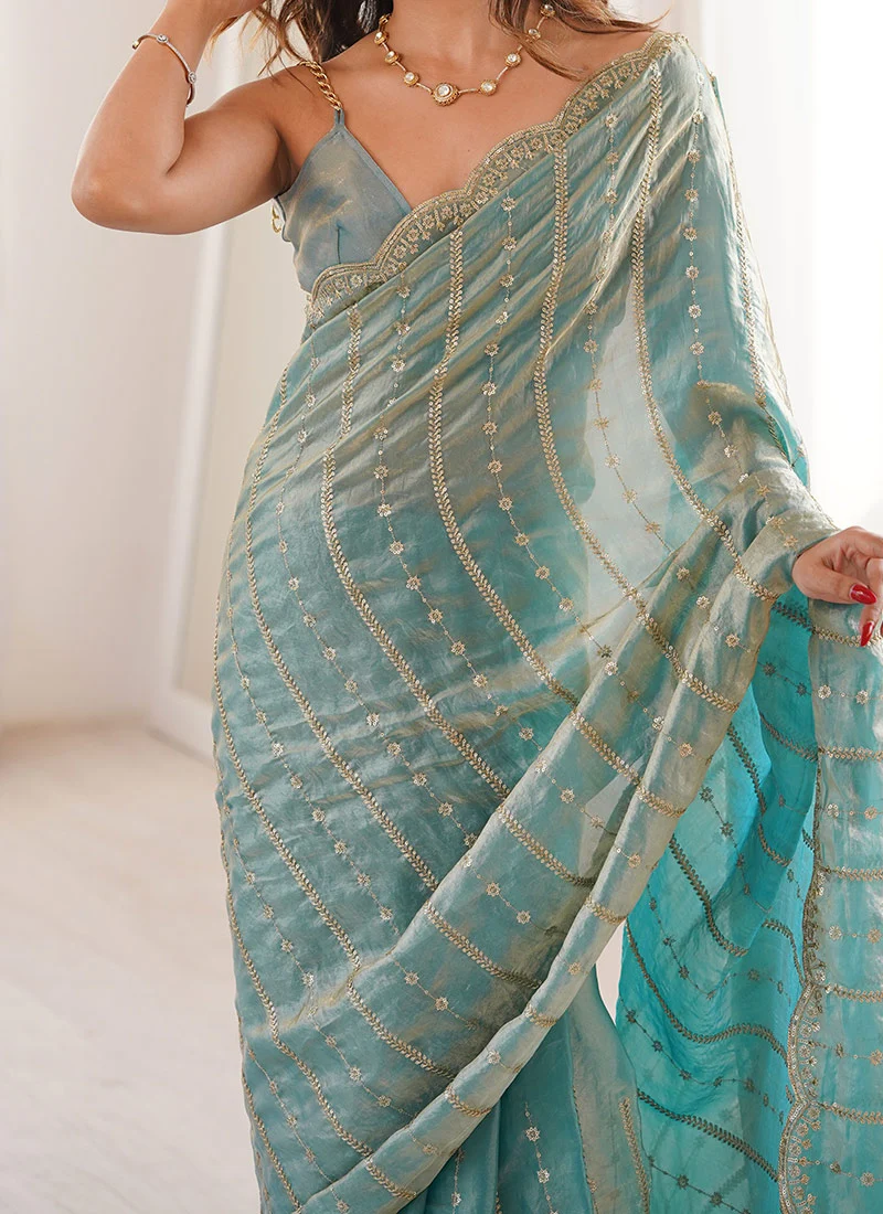 Sky Blue Sequin Embellished Silk Saree - Image 3